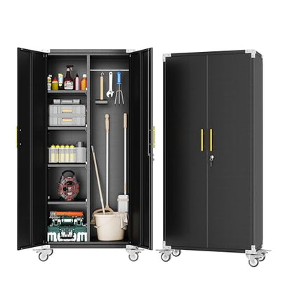 Broom Closet Storage Cabinet, Metal Cleaning Cabinets with Hanging Rod and S-Hooks, Lockable Tool Cabinets, Utility Cabinet for Garden, Office, Laundry Room, Black - color: Black