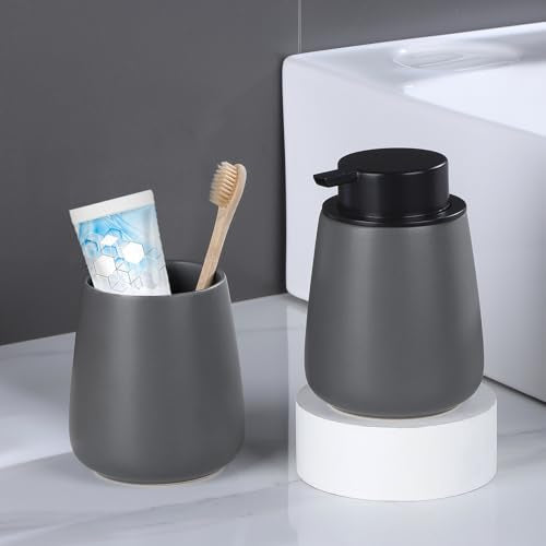 12Oz Hand Soap Dispenser Set - 2 Pack Ceramic Lotion Soap Dispenser Set with Easy-to-Press Black Pump, Refillable Mordern Liquid Dish Soap Dispensers for Bathroom & Kitchen (Grey, Liquid Pump) - color: Grey Liquid Dispenser