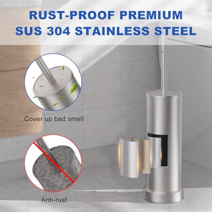 Brushed Nickel Toilet Brush and Holder Set, 304 Stainless Steel Toilet Brush for Bathroom, Heavy Duty Toilet Bowl Brush with Holder, Removable Inner Bowl and Splash Protection, Long Handle - color: Brushed Nickel