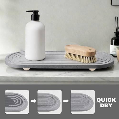 Instant Dry Sink Caddy Organizer, Fast Drying Sink Caddy, Water Absorbing Stone Sponge Holder for Kitchen and Bathroom Countertop with Natural Loofah and Wooden Feet - color: Grey