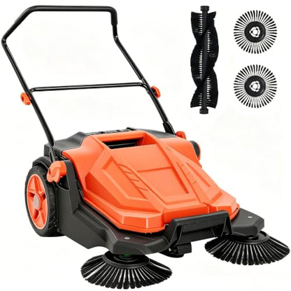 GarveeTech 25.6 in Walk-Behind Hand Push Floor Sweeper, 5 Gallon Capacity, Manual Outdoor Push Sweeper with Adjustable Folding Handle for Warehouses, Workshop, Garages