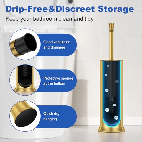 Toilet Brush and Holder Set：304 Stainless Steel Heavy Duty Toilet Bowl Brush，Removable Inner Bowl and Splash Protection，Bathroom Toilet Brush-Dense Bristles for Through Cleaning - color: Gold