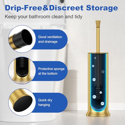Toilet Brush and Holder Set：304 Stainless Steel Heavy Duty Toilet Bowl Brush，Removable Inner Bowl and Splash Protection，Bathroom Toilet Brush-Dense Bristles for Through Cleaning - color: Gold