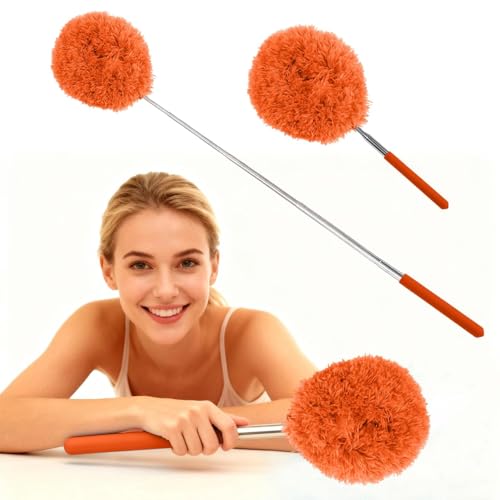Extendable Microfiber Duster, Telescoping Dusting Brush for Home and Car Cleaning, Adjustable Length, Soft and Flexible - color: Round Orange