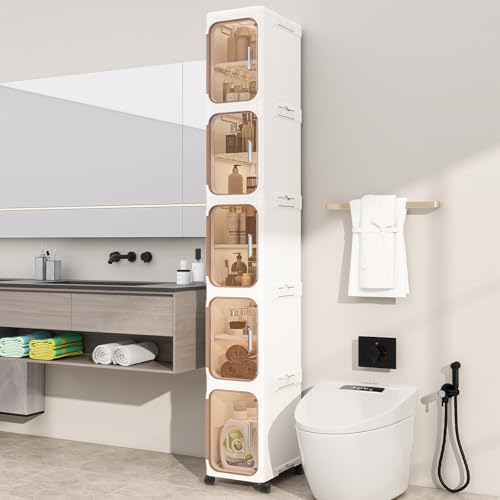 5 Tier Slim Bathroom Storage Cabinet, Foldable and Movable, Beige | Tools Free, ABS and PET, Magnetic Clear Door, Adjustable Shelves, Lockable Wheels, Water Resistant, For Narrow Space - color: Beige, size: 5 Tiers