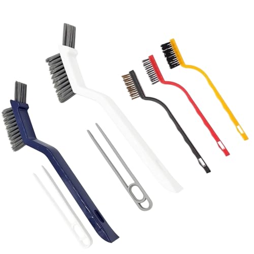 5 Pieces Cleaning Brush Set,Toilet Floor Brush Bathroom Tiles No Dead Corners Hard Bristles Floor Crevice Brush Kitchen Cleaning Metal Brass/Stainless Steel/Nylon Brushes (White Blue+3 Mixed Color) - color: White Blue+3 Mixed Color