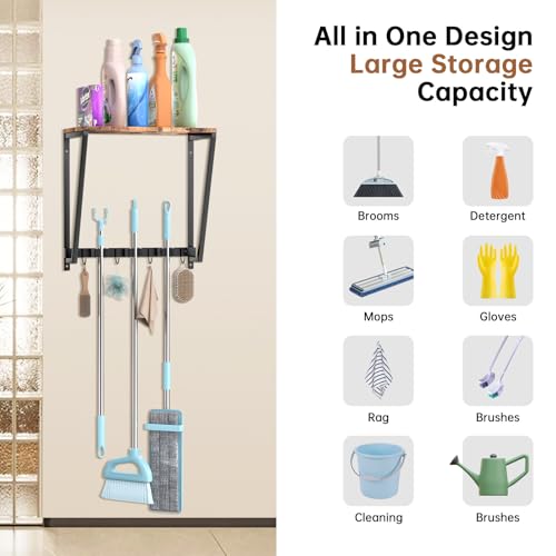 Broom Holder Wall Mount, Heavy Duty Broom & Mop Organizer Wall Hanging for Laundry Room Organization, Garage Storage & Home Improvement, Multi-Layer Iron & Wood Shelving with Hooks