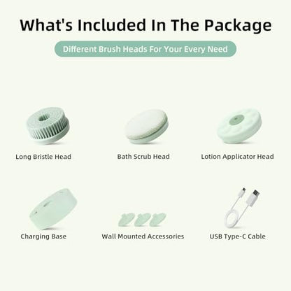 Electric Body Brush Back Scrubber for Shower, Waterproof Long Dual Handle Body Scrubber with 3 Heads, Bath Brush & 2 Speeds, for Cleansing, Exfoliating and Massaging Skin, Pale Cypress Green