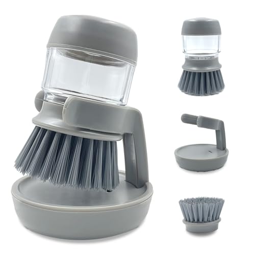 Soap Dispenser Dish Brush, Palm Brush Scrub Brush, with Storage Bracket and Drainage Base, Gray