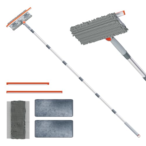 6.4FT Extendable 2-in-1 Window Squeegee & Scrubber with Long Handle, 180° Adjustable Head, Streak-Free Silicone Blade, Multi-Purpose Glass Cleaning Tool for High Windows, Mirrors & Car Windshields - color: Gray/Orange