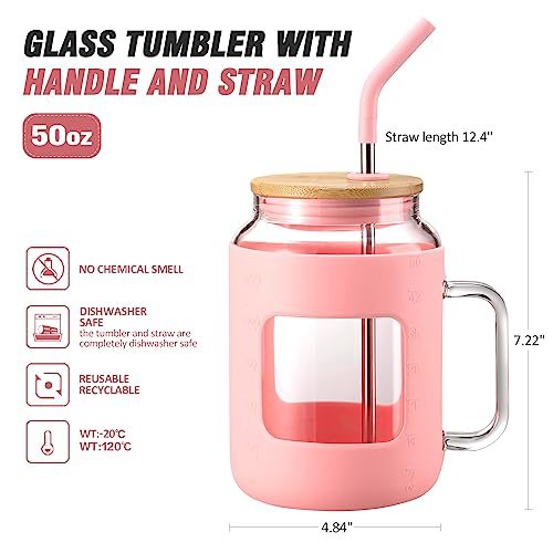 WINSA 50 oz Glass Water Bottles with Silicone Sleeve,Glass Tumbler with Lid and Straw,Iced Coffee Cup with Handle,BPA Free-Pink - color: Pink