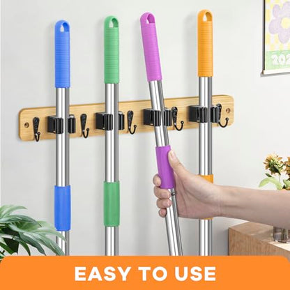IMILLET Mop and Broom Holder Wall Mount, Bamboo Broom Hanger with 4 Racks and 5 Hooks, Laundry Room Decor, Self Adhesive Over the Door Broom Organizer, Wall Organizer for Home Garage Closet (1 Pack) - style: Bamboo-4 Slots