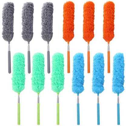 12 PCS Microfiber Feather Dusters, Extendable from 31 to 13 Inches, Bendable Washable Cleaning Tools, Metal Pole Ceiling Fan Dusters for Car Office Window Furniture Conditioner
