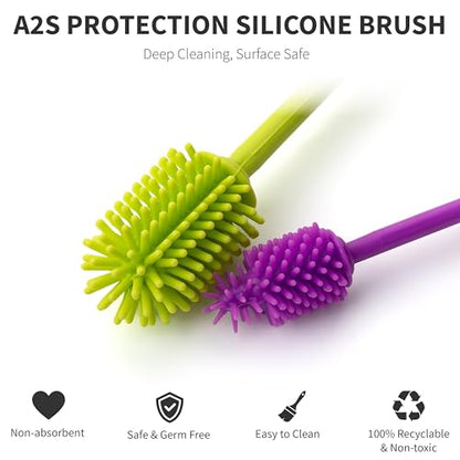 A-Brush Silicone Bottle Cleaner Brush, 2 Piece Set, Flexible, Long Handle - Water Bottle Cleaner, Baby Bottle Nipple Brush for Plastic & Glass, BPA-Free Dish Washing Brush A2S Protection - color: Green - Purple 2pk