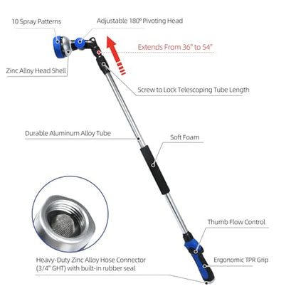 Telescoping Watering Wand for Garden Hose, 36”-54” Adjustable, 10 Spray Patterns, Heavy-Duty Hose Nozzle with Thumb Control & Pivoting Head, Ideal for Hanging Baskets and Shrubs, Blue - color: Blue
