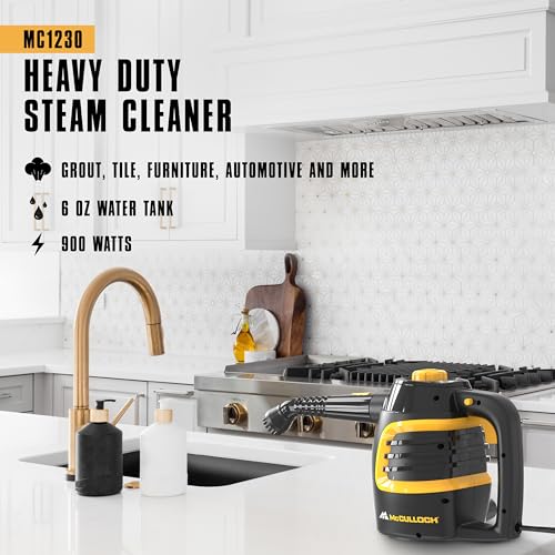 McCulloch MC1230 Handheld Steam Cleaner, 10 Minute Runtime, 11 Accessories: Jet Nozzle, Brushes, & More - Built for Home, Tile, Grout, Carpet, Furniture, & Personal Car Detailing - size: MC1230
