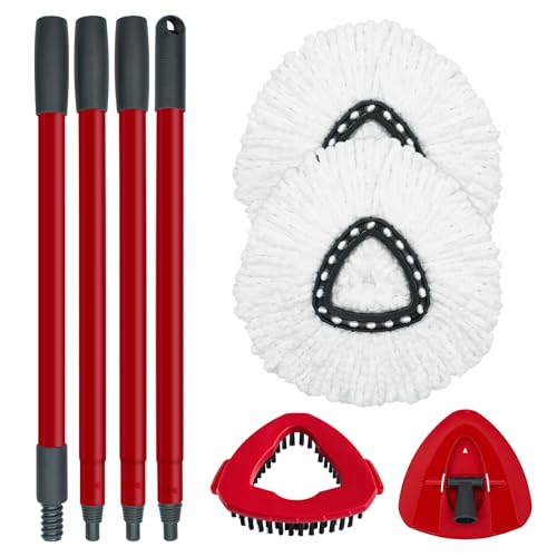 Spin Mop Replace Head, Base, Mop Handle Replacement for OCedar EasyWring 1 Tank System, Include 2 Microfiber Mop Head Replacement, 1 Sturdy Iron 30-58" Mop Handle, 1 Scrubber Head, 1 Spin Base - color: 2 White Heads + 1 Set Mop Handle + 1 Base + 1 Brush