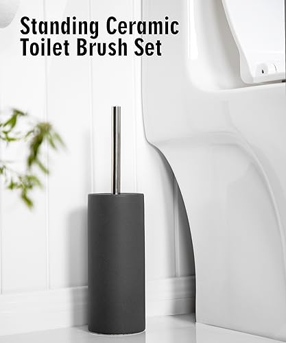 Matt White Ceramic Toilet Brush and Holder Set, Durable Bristles Non Scratch Toilet, Long Stainless Steel Handle, Freestanding Toilet Bowl Cleaners Brush, Scrubber Brush for Toilet - color: Matt White, size: Set/1