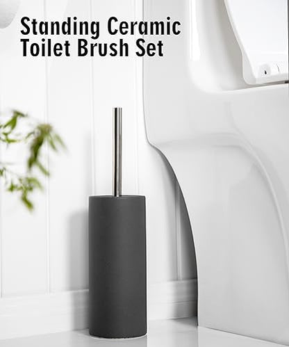 Matt White Ceramic Toilet Brush and Holder Set, Durable Bristles Non Scratch Toilet, Long Stainless Steel Handle, Freestanding Toilet Bowl Cleaners Brush, Scrubber Brush for Toilet - color: Matt White, size: Set/1