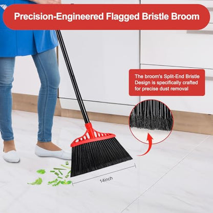 Tiumso Heavy Duty Angle Broom - 55" Adjustable Iron Handle with Stiff Bristles - Commercial-Grade Indoor/Outdoor Broom for Garage, Patio, Kitchen, Sidewalk & Concrete Cleaning (Black & Red) - color: Black and Red