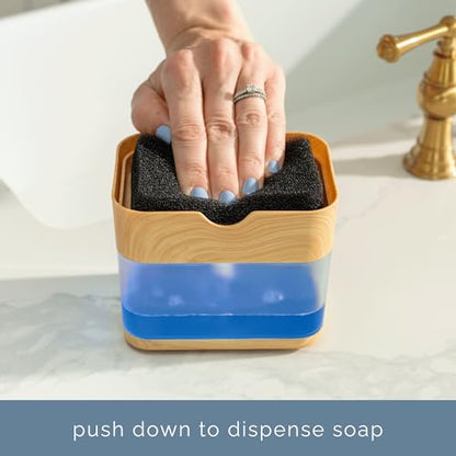 S&T INC. Dish Soap Dispenser and Sponge Holder for Kitchen Sink, Waterproof Labels and Sponge Included, 13 Ounces, Plastic, Bamboo - color: Bamboo