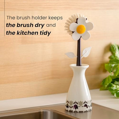 Vigar Flower Power Dish Brush - Flower-Shaped, Dish Brush with Handle and Vase Holder, Scrub Brush for Dishes, Dishwashing Brush, Kitchen Scrub Brush, Pot Scrubber, Kitchen Essentials - White, Black - color: White