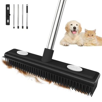 Pet Hair Remover Carpet Rake Reusable Rubber Broom with Squeegee for Sweeping Pet Hair Removal Tool 59" Long Handle Cat and Dog Hair Remover for Rugs, Carpet, Hardwood Floor, Tile