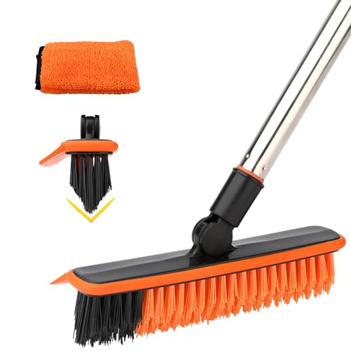 2 in 1 Floor Scrub Brush Grout Brush with 57.8" Long Handle,120°Rotatable Shower Tile Grout Cleaner Scrubber,V-Shaped Corner Brush for Hard to Reach Areas (Orange) - color: Orange