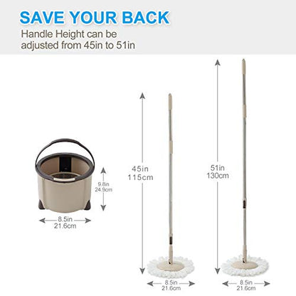 Eyliden Spin Mop and Bucket Set, 2 Microfiber Heads, Wash & Dry | Self-Cleaning Mop Bucket System for Hardwood, Tile, Vinyl Floors, Adjustable Stainless Steel Handle, Space-Saving Design