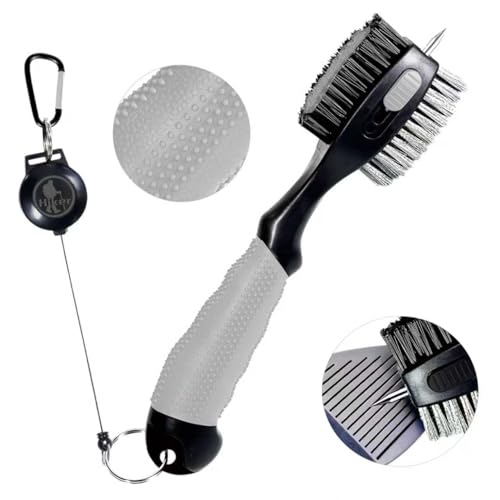 Hiker Golf Club Cleaning Brush with Groove Cleaner, Dual Sided Golf Club Brush, Oversized Wire and Nylon Brush Heads, 2ft Retractable Zipline Carabiner & Comfortable Rubber Grip Golf Accessories - color: Grey