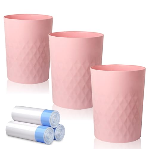 JiatuA 3 Pack Small Trash Can with Trash Bags Bathroom Garbage Bin Round Plastic Waste Basket for Kitchen, Bedroom, Office, College Dorm, Craft Room, Pink - color: Pink