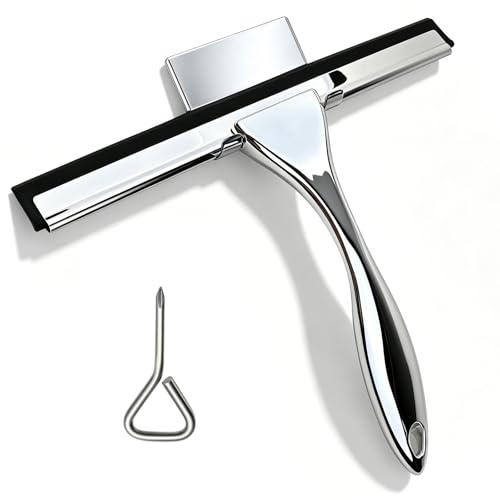 All-Purpose Stainless Steel Squeegee, 10 Inch Silver Shower Squeegee with 1 Adhesive Hooks, Streak-Free Silicone Blade for Shower Door, Window, Car, Tile Wall, Bathroom Household Cleaning Tool