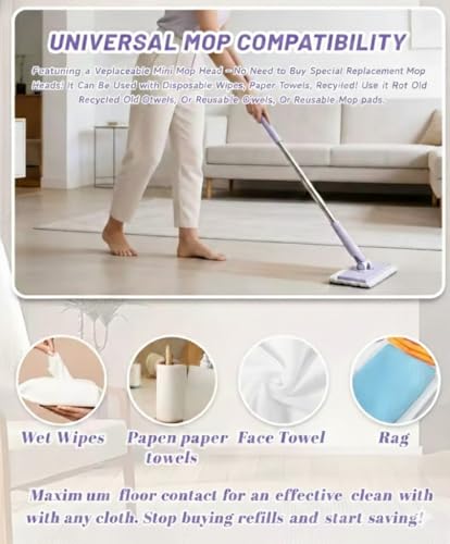 Snap Grip Mini Mop, Zero Touch No Wash Lazy Mop with One-Click Cloth Change, Compatible with Face Towels, Adjustable for Wet/Dry Floors, Tile, Hardwood, Corners, Tight Spaces (6 Reusable Cloths)