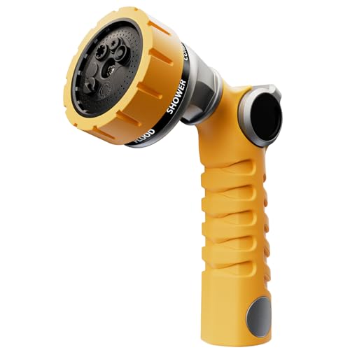 RESTMO Heavy Duty Hose Nozzle, Metal Garden Water Hose Sprayer with 7 Watering Patterns, Thumb Control, On Off Valve, High Pressure Nozzle Sprayer for Watering Plants, Car and Pet Washing, Yellow - color: Yellow
