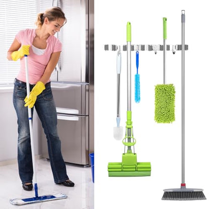 UNIFUN Broom Holder Wall Mount - Heavy Duty Stainless Steel Mop and Broom Organizer with 5 Racks 4 Hooks - Space Saving Storage for Kitchen Garage Garden - Easy Install Tool Hanger