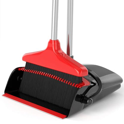 Broom with Dustpan Combo Set 54" Long Handle Adjustable Length Stainless Steel Broomstick Standing Dust Pan and Broom Set for Office Home Kitchen Lobby Floor Cleaning (Red and Black) - color: Black and Red