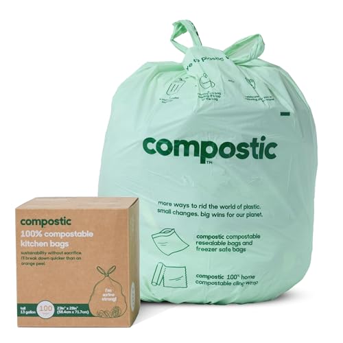 Compostic Compostable Trash Bags, 13 Gallon Tall Kitchen (100 Count) Bulk Pack — Extra Strong, Home Compostable, Plant-Based, Non-Toxic, Unscented Garbage Bags - size: 100 Count (Pack of 1), style: Tall 13 Gallon