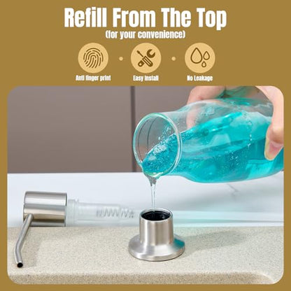 Built in Soap Dispenser for Kitchen Sink Countertop, Brushed Nickel Stainless Steel Soap Dispenser Pump Head Refill from the Top with 11 Ounce Transparent Soap Bottle - color: Brushed Nickel