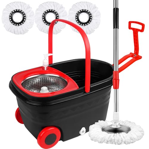 Spin Mop and Bucket with Wringer Set, 360° Rotating Head Mop Bucket System with 3 Microfiber Mop Refills Wet and Dry Suitable for Office and Home Use, Green (Black) - color: Black