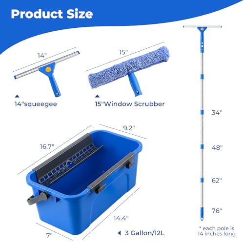 UFORU Professional Window Cleaning Kit with Bucket, 3 Gallon Set with 14" Window Squeegee, 15" Microfiber Scrubber and 76" Long Handle for High Window, Home, Outdoor, Commercial and Car Glass Cleaning