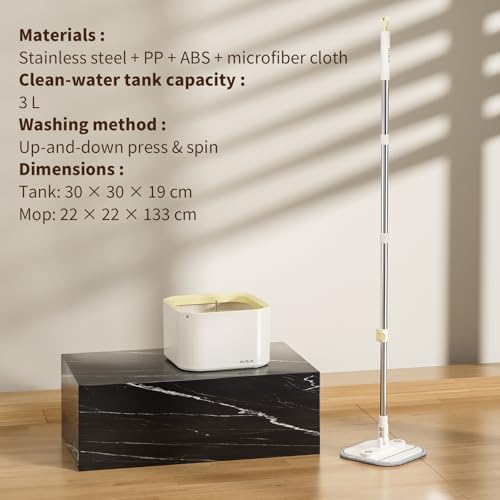 Mrbin Spin Mop for Floor Cleaning and Bucket Set, 2 in 1 Quick Dry Wet Flat Swivel Trapeador Hands Free with Washable Microfiber Pads, Refillable Tank for Hardwood, Laminate, Tile, Vinyl, Cream White