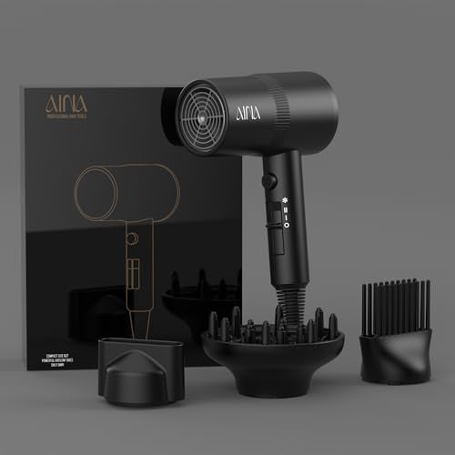 AINA Hair Dryer with Diffuser, Comb | Blow Dryer for Women Compact Travel Professional Ionic Blow Dry | Cold Shot Button 110V/ALCI (Vader Black) - color: Vader Black, size: 4 Piece