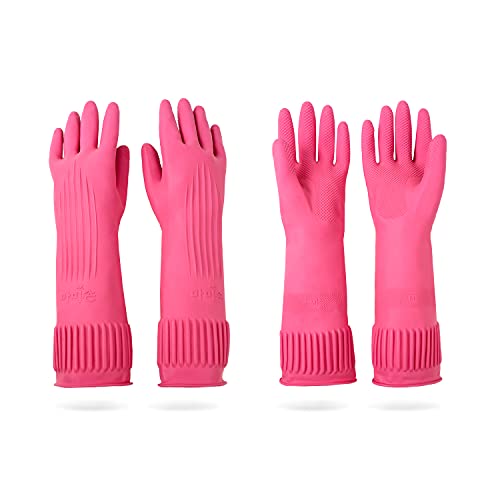 DABOGOSA Mamison 2 Pairs Reusable Waterproof Household Dishwashing Cleaning Rubber Gloves, Non-Slip Kitchen Glove (Pink, Medium (Pack of 2)) - color: Pink, size: Medium (Pack of 2)