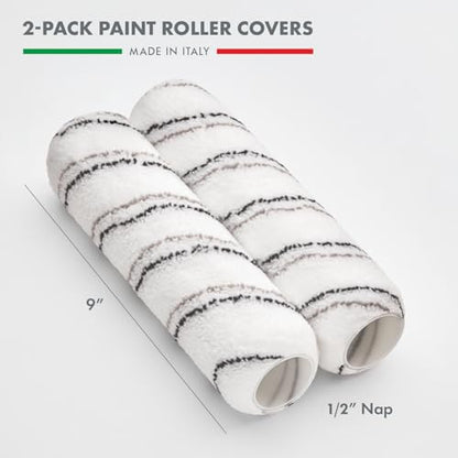 2 - Pack 9 Inches Paint Roller Covers for Smooth and Lint-Free Finish – Nap 1/2 - Made in Italy -Premium High-Density Microfiber Roller Covers - Ideal for Professionals and Homeowners - size: 2 Pack 9"- 1/2 Nap ( Roller Covers )