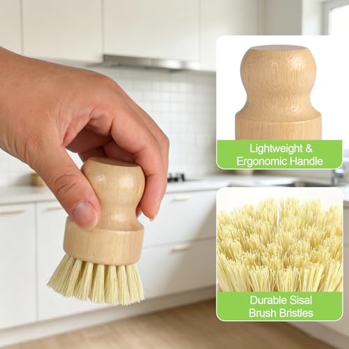 4 Pack Bamboo Dish Brush Set with Holder, 2 Sisal Dish Brushes & 1 Palm Scrub Brush, Natural Kitchen Scrub Brush for Dishes, Pots, Pans, Sink