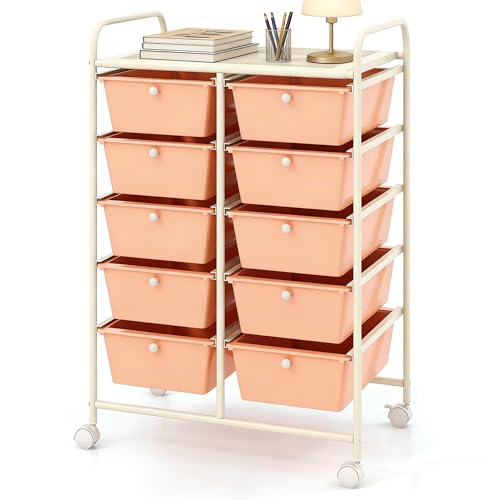 COSTWAY 10 Drawer Rolling Storage Cart, Mobile Utility Cart with Metal Frame & Lockable Wheels, Art Supply Craft Organizer, Multipurpose Drawer Cart for Paper for Office, School, Peach - color: Peach, size: 10 Drawer