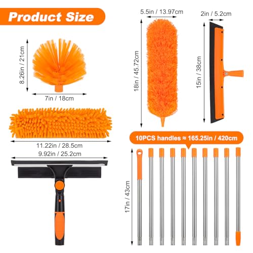 Cobweb Duster Kit and Window Squeegee Cleaner Tool with Extension Pole: 165 Inch 4-in-1 High Ceiling Dusting and Window Cleaning Kit - Cobweb Duster and Feather Duster