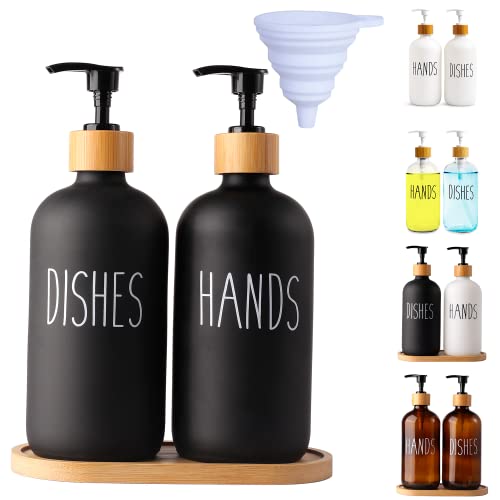 LOOCHICA 2 Pack Black Glass Soap Dispenser Set with Tray, Hand and Dish Glass Soap Dispensers for Kitchen Sink, Matte Black Soap Dispenser Suitable for Kitchen Sink, Rustic Kitchen Décor - color: A03-2 X Black
