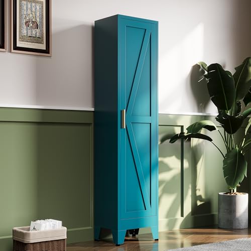 67" H Broom Closet Storage Cabinet,Metal Cleaning Cabinet,Narrow Storage Cabinets with 4 Adjustable Shelves,Slim Tall Floor Cabinet - color: Blue, size: 67"H-1Door