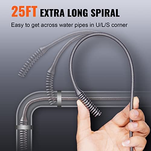 VEVOR Drain Auger 25Ft, Plumbing Snake with Drill Attachment, Plumbers Snake Drain Clog Remover for Kitchen Bathroom Shower Sink with Protective Hose and Gloves - style: Manual-Feed